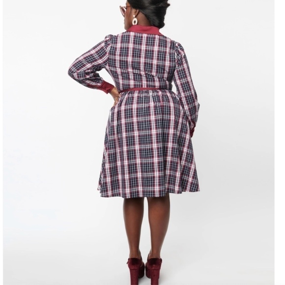 UNIQUE VINTAGE Navy & Burgundy Fit & Flare Plaid Swing Shirt Dress • size 2X/18 - Picture 2 of 4
